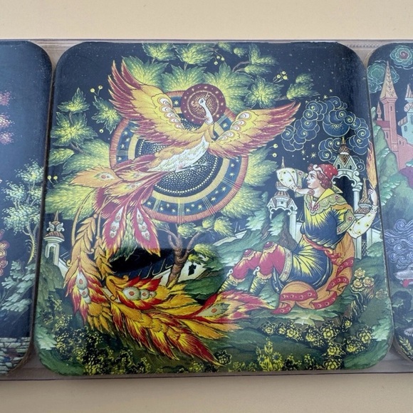 Coasters Set of 6 Square 3.5x3.5" Palekh Style Russian Fairy Tales - Picture 3 of 7